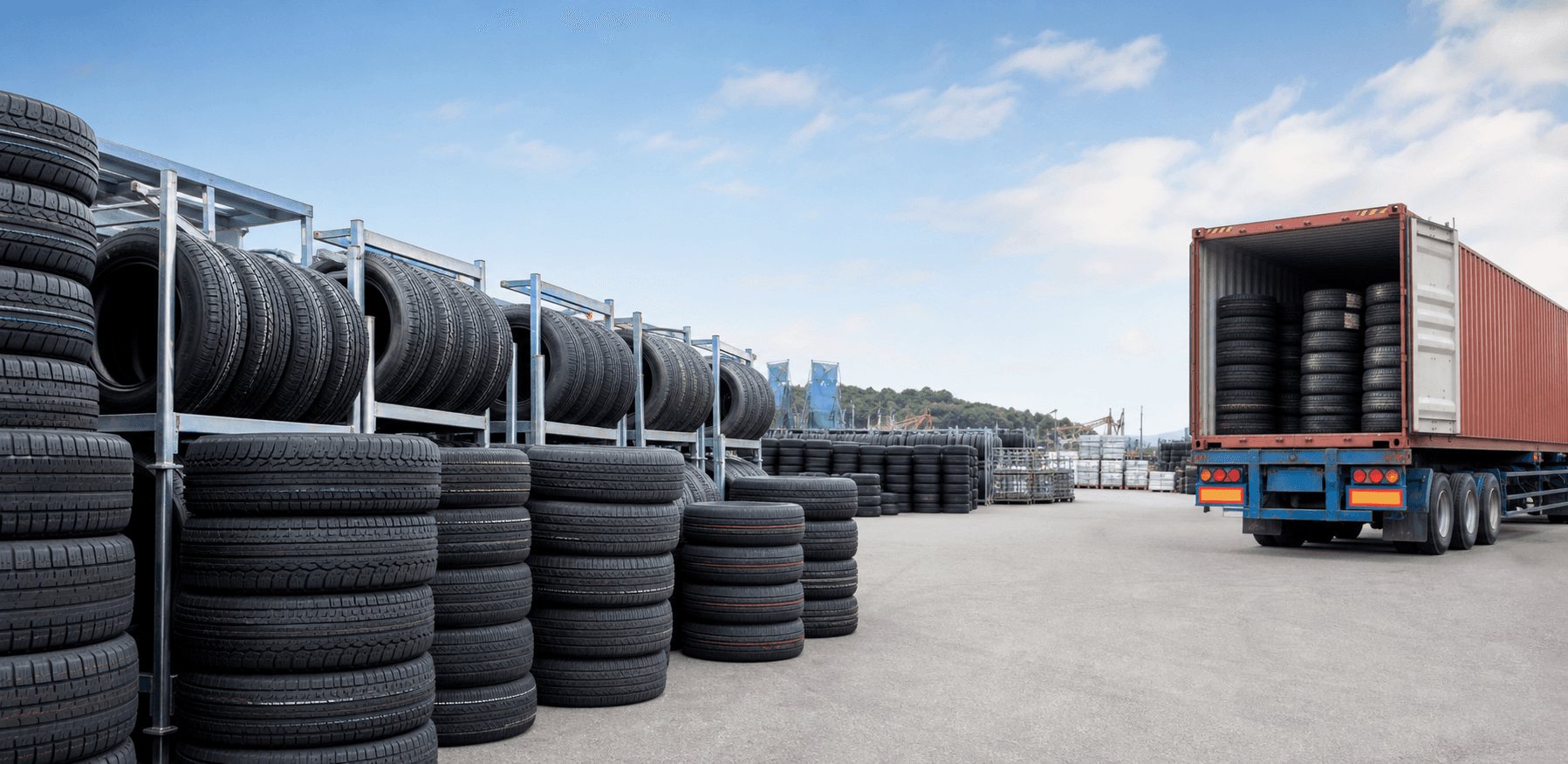 Organized used tires prepared for container export
